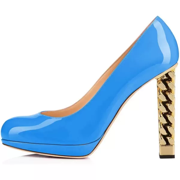 imageFSJ Women Dress Round Toe Chunky Gold High Heel Pumps Slip on Party Prom Platform Shoes Size 415 USBlue