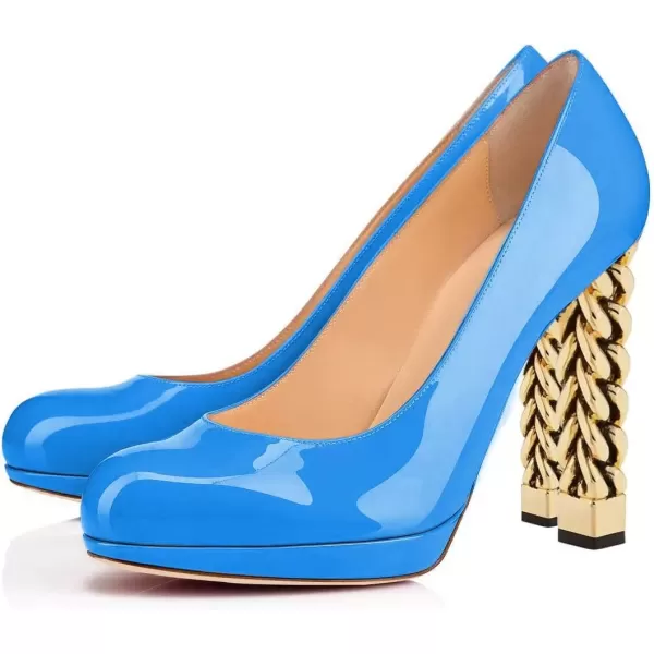 imageFSJ Women Dress Round Toe Chunky Gold High Heel Pumps Slip on Party Prom Platform Shoes Size 415 USBlue