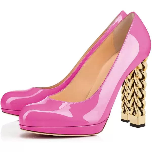 imageFSJ Women Dress Round Toe Chunky Gold High Heel Pumps Slip on Party Prom Platform Shoes Size 415 USFuchsia
