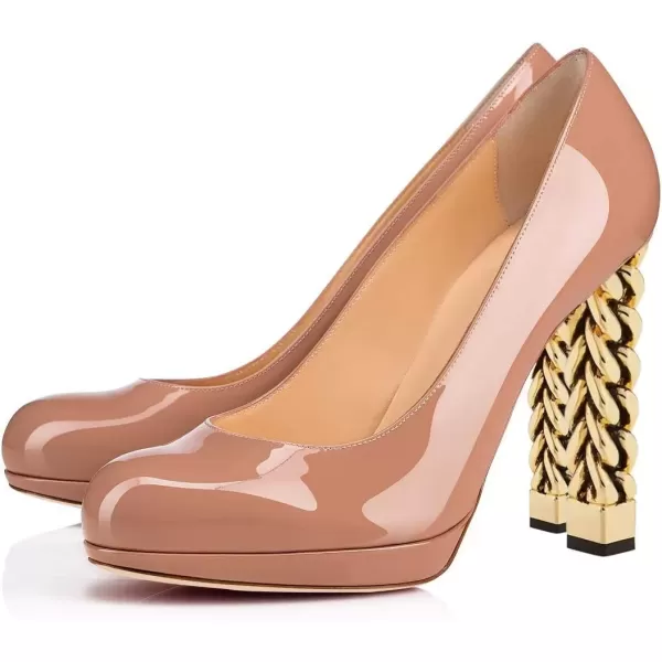 imageFSJ Women Dress Round Toe Chunky Gold High Heel Pumps Slip on Party Prom Platform Shoes Size 415 USNude