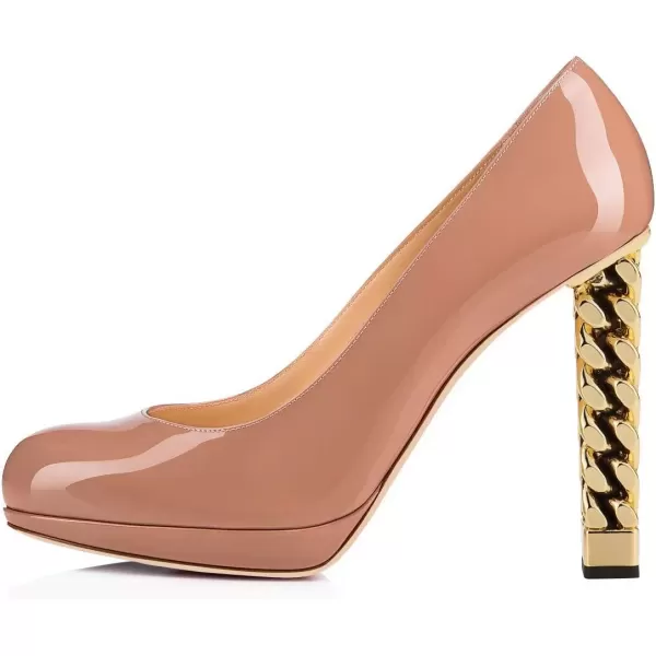 imageFSJ Women Dress Round Toe Chunky Gold High Heel Pumps Slip on Party Prom Platform Shoes Size 415 USNude