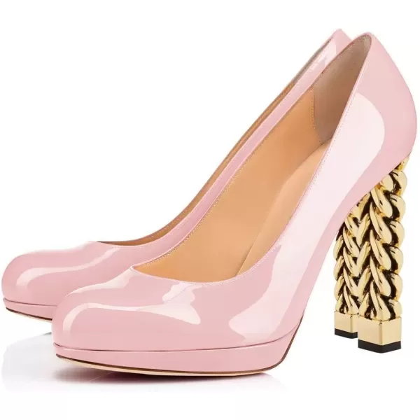 imageFSJ Women Dress Round Toe Chunky Gold High Heel Pumps Slip on Party Prom Platform Shoes Size 415 USPink