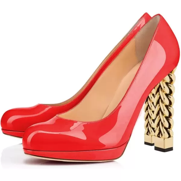 imageFSJ Women Dress Round Toe Chunky Gold High Heel Pumps Slip on Party Prom Platform Shoes Size 415 USRed