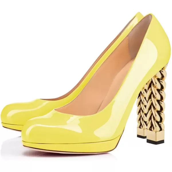 imageFSJ Women Dress Round Toe Chunky Gold High Heel Pumps Slip on Party Prom Platform Shoes Size 415 USYellow