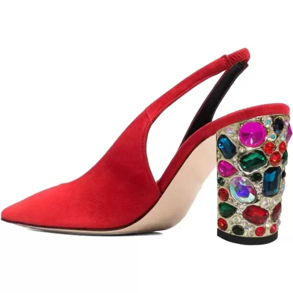 imageFSJ Women Dressy Studded Crystal Heel Pumps Pointed Toe Chunky High Heel Slingback Slip On Prom Party Dress Shoes Size 415 USRed Suede