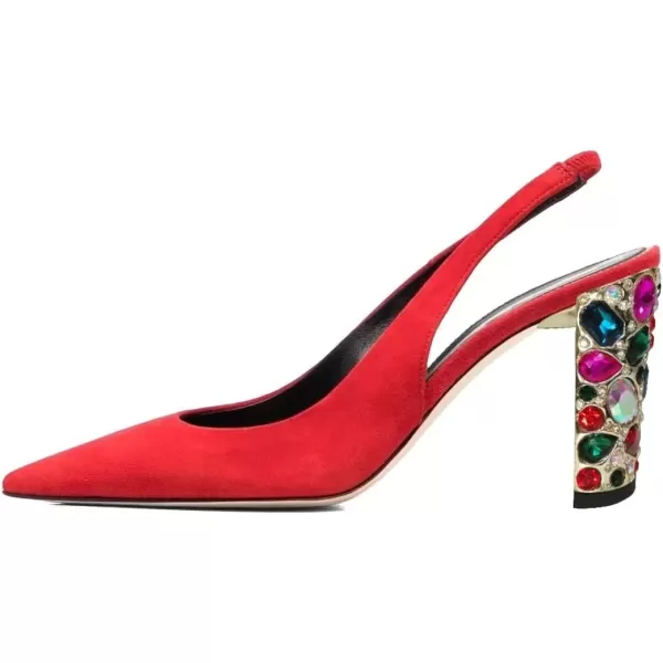 imageFSJ Women Dressy Studded Crystal Heel Pumps Pointed Toe Chunky High Heel Slingback Slip On Prom Party Dress Shoes Size 415 USRed Suede