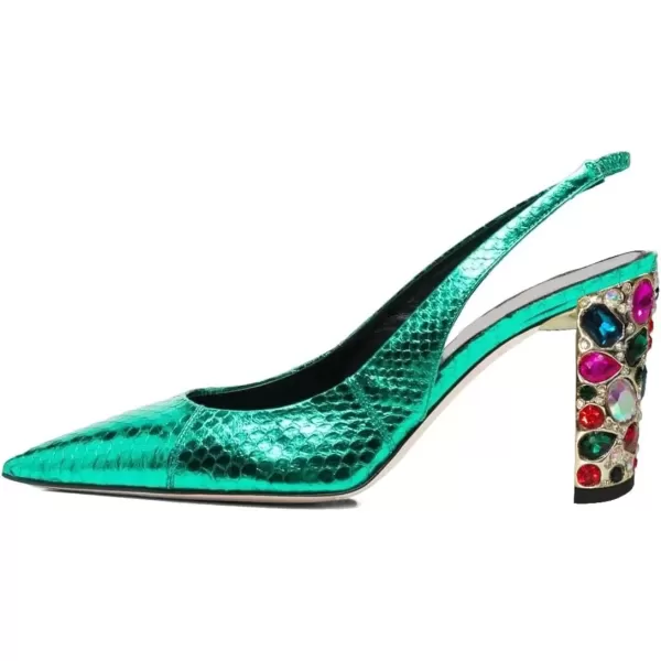 imageFSJ Women Dressy Studded Crystal Heel Pumps Pointed Toe Chunky High Heel Slingback Slip On Prom Party Dress Shoes Size 415 USTurquoise