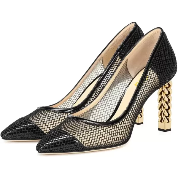imageFSJ Women Golden Block High Heel Clear Pump Pointed Toe Slip On Fashion Dress Party Evening Ladies ShoesBlack