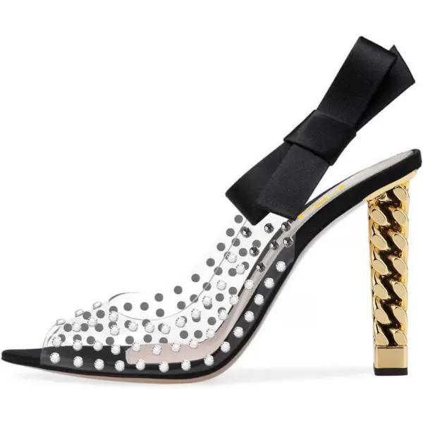 imageFSJ Women Golden Block High Heel Clear Pump Pointed Toe Slip On Fashion Dress Party Evening Ladies ShoesBlack Bows