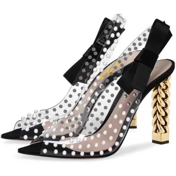 imageFSJ Women Golden Block High Heel Clear Pump Pointed Toe Slip On Fashion Dress Party Evening Ladies ShoesBlack Bows