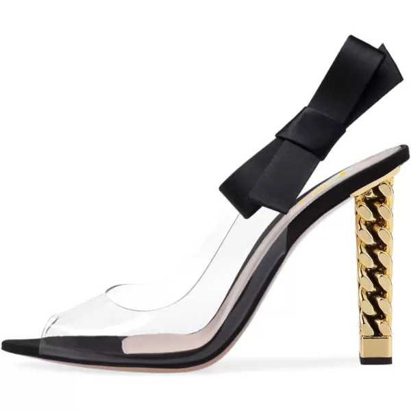 imageFSJ Women Golden Block High Heel Clear Pump Pointed Toe Slip On Fashion Dress Party Evening Ladies ShoesBlack Bows1