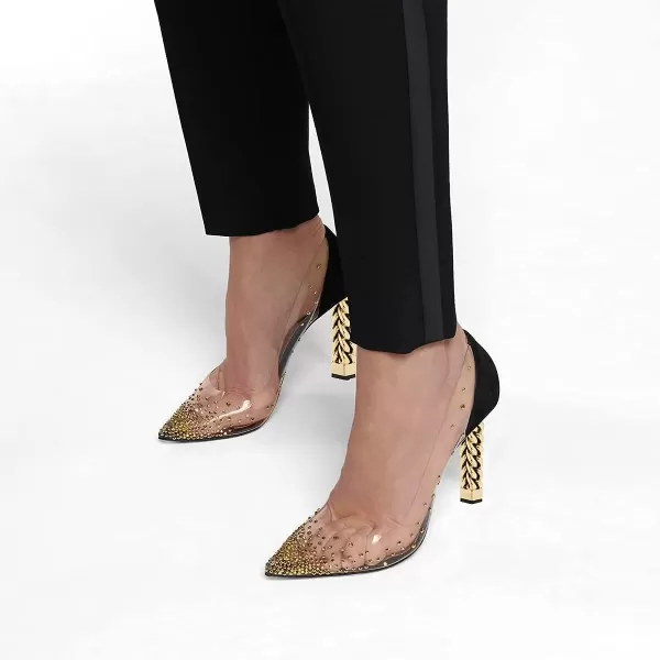 imageFSJ Women Golden Block High Heel Clear Pump Pointed Toe Slip On Fashion Dress Party Evening Ladies ShoesBlack Gold Rivets