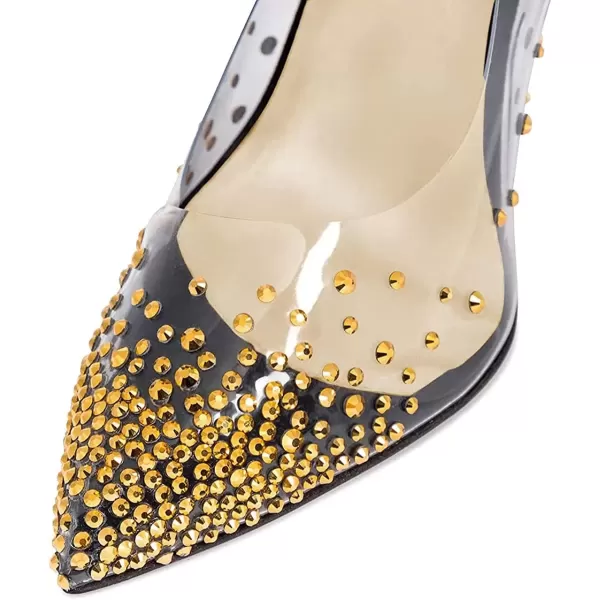 imageFSJ Women Golden Block High Heel Clear Pump Pointed Toe Slip On Fashion Dress Party Evening Ladies ShoesBlack Gold Rivets