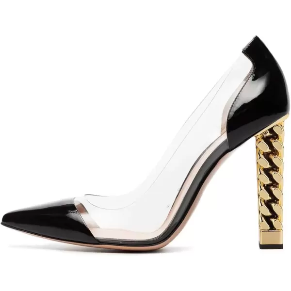 imageFSJ Women Golden Block High Heel Clear Pump Pointed Toe Slip On Fashion Dress Party Evening Ladies ShoesBlack Matte