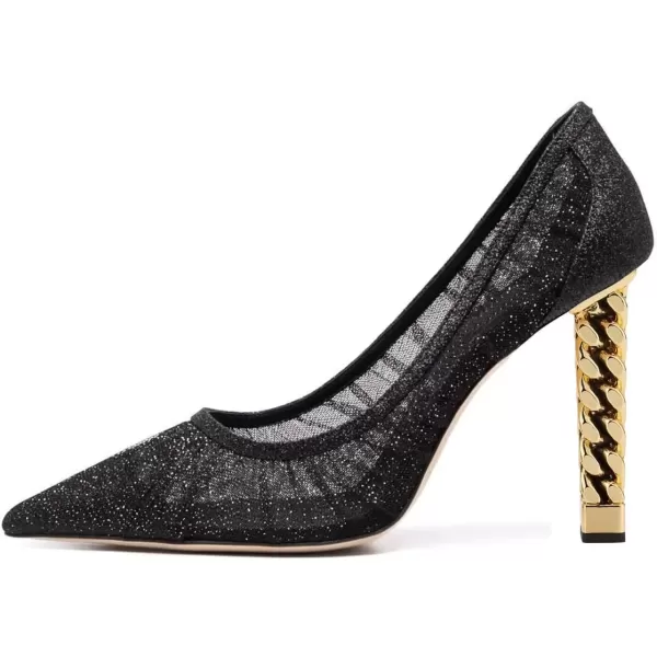 imageFSJ Women Golden Block High Heel Clear Pump Pointed Toe Slip On Fashion Dress Party Evening Ladies ShoesBlack Shiny Mesh