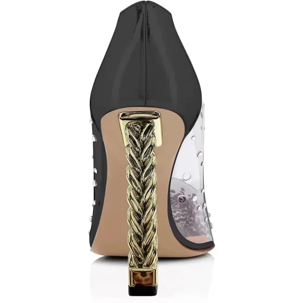 imageFSJ Women Golden Block High Heel Clear Pump Pointed Toe Slip On Fashion Dress Party Evening Ladies ShoesBlack Silver Rivets