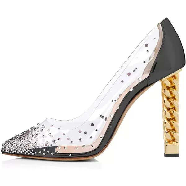 imageFSJ Women Golden Block High Heel Clear Pump Pointed Toe Slip On Fashion Dress Party Evening Ladies ShoesBlack Silver Rivets