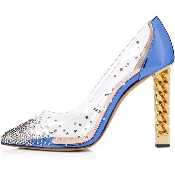 imageFSJ Women Golden Block High Heel Clear Pump Pointed Toe Slip On Fashion Dress Party Evening Ladies ShoesBlue