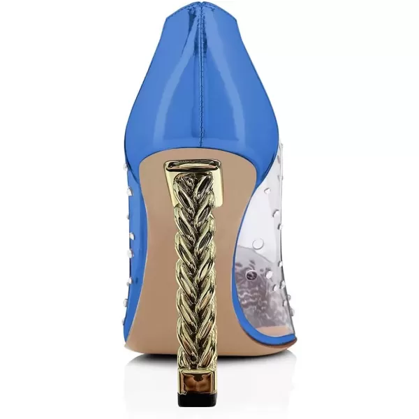 imageFSJ Women Golden Block High Heel Clear Pump Pointed Toe Slip On Fashion Dress Party Evening Ladies ShoesBlue