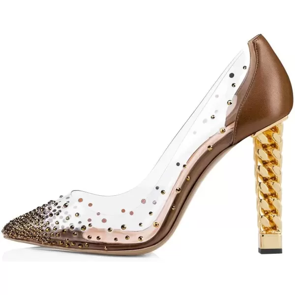 imageFSJ Women Golden Block High Heel Clear Pump Pointed Toe Slip On Fashion Dress Party Evening Ladies ShoesBrown