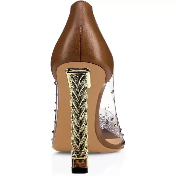 imageFSJ Women Golden Block High Heel Clear Pump Pointed Toe Slip On Fashion Dress Party Evening Ladies ShoesBrown