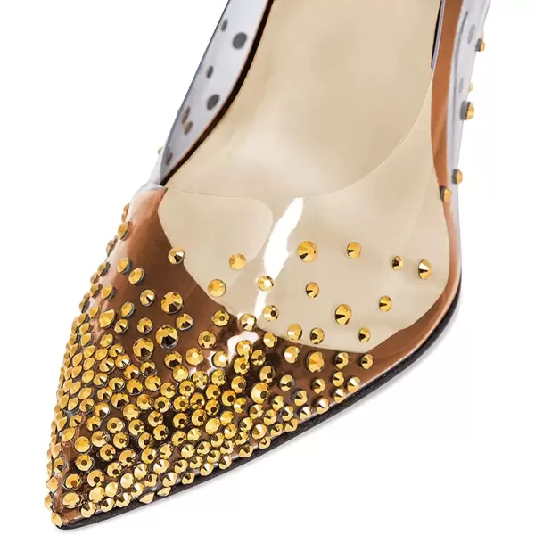 imageFSJ Women Golden Block High Heel Clear Pump Pointed Toe Slip On Fashion Dress Party Evening Ladies ShoesBrown Suede