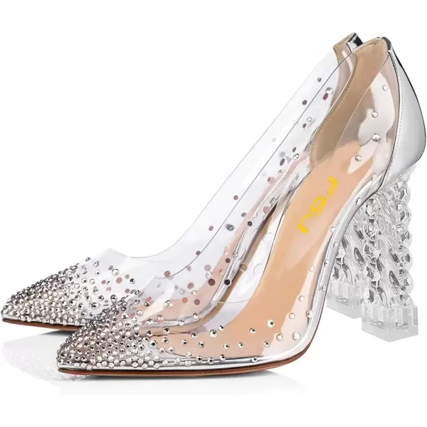 imageFSJ Women Golden Block High Heel Clear Pump Pointed Toe Slip On Fashion Dress Party Evening Ladies ShoesCrystal White