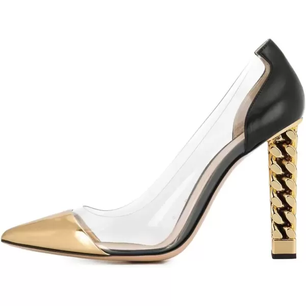 imageFSJ Women Golden Block High Heel Clear Pump Pointed Toe Slip On Fashion Dress Party Evening Ladies ShoesGold Black