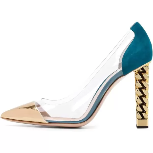 imageFSJ Women Golden Block High Heel Clear Pump Pointed Toe Slip On Fashion Dress Party Evening Ladies ShoesGold Blue