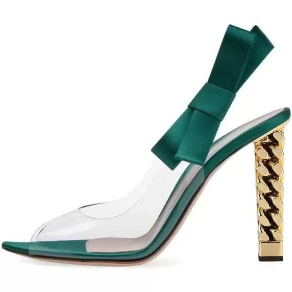 imageFSJ Women Golden Block High Heel Clear Pump Pointed Toe Slip On Fashion Dress Party Evening Ladies ShoesGreen Bows