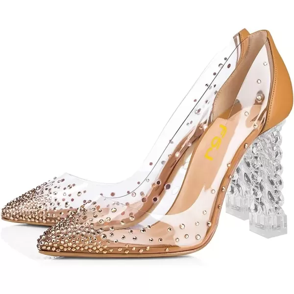 imageFSJ Women Golden Block High Heel Clear Pump Pointed Toe Slip On Fashion Dress Party Evening Ladies ShoesLight Brown