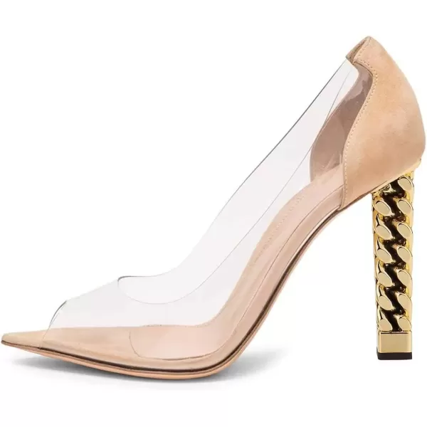imageFSJ Women Golden Block High Heel Clear Pump Pointed Toe Slip On Fashion Dress Party Evening Ladies ShoesNude Peep