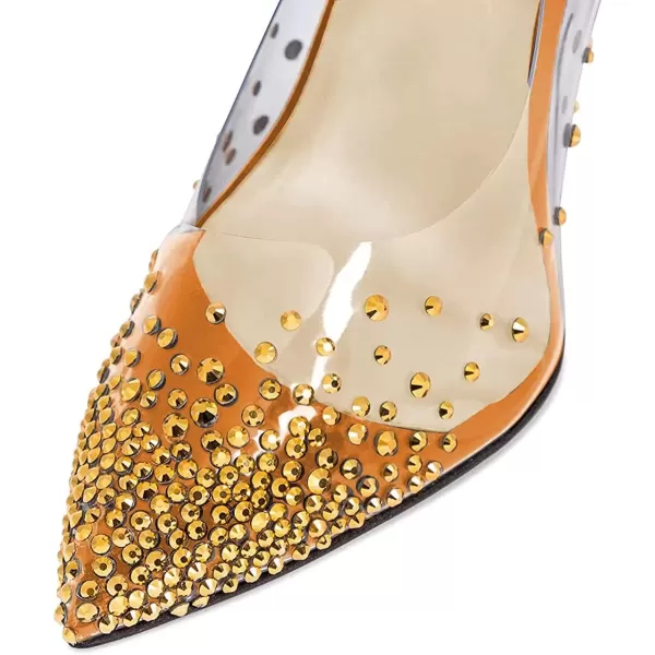 imageFSJ Women Golden Block High Heel Clear Pump Pointed Toe Slip On Fashion Dress Party Evening Ladies ShoesOrange