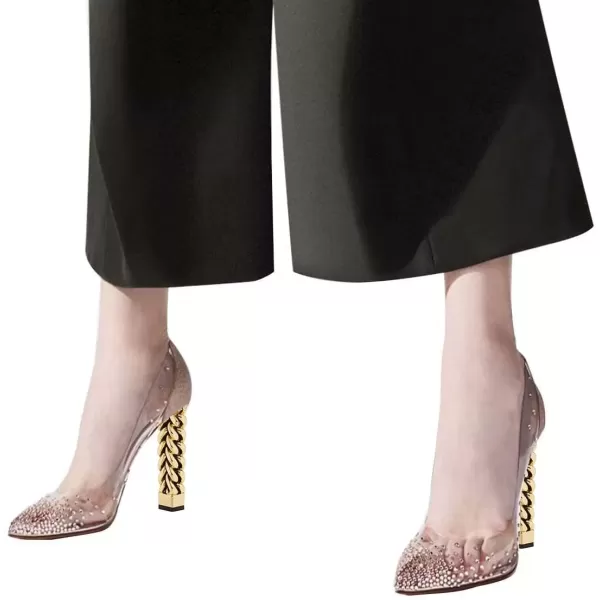 imageFSJ Women Golden Block High Heel Clear Pump Pointed Toe Slip On Fashion Dress Party Evening Ladies ShoesPink Glitter