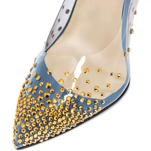 imageFSJ Women Golden Block High Heel Clear Pump Pointed Toe Slip On Fashion Dress Party Evening Ladies ShoesRoyalblue