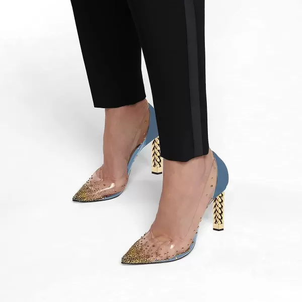 imageFSJ Women Golden Block High Heel Clear Pump Pointed Toe Slip On Fashion Dress Party Evening Ladies ShoesRoyalblue