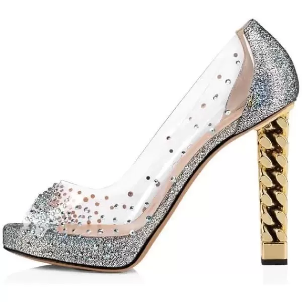imageFSJ Women Golden Block High Heel Clear Pump Pointed Toe Slip On Fashion Dress Party Evening Ladies ShoesSilver