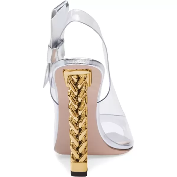imageFSJ Women Golden Block High Heel Clear Pump Pointed Toe Slip On Fashion Dress Party Evening Ladies ShoesSilver Bows