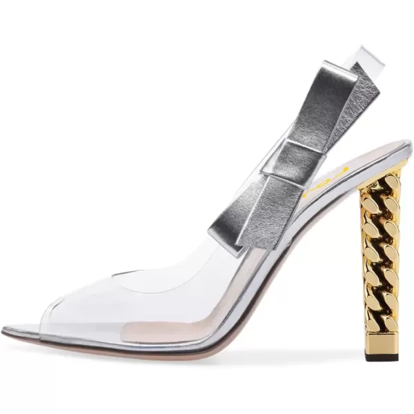 imageFSJ Women Golden Block High Heel Clear Pump Pointed Toe Slip On Fashion Dress Party Evening Ladies ShoesSilver Bows
