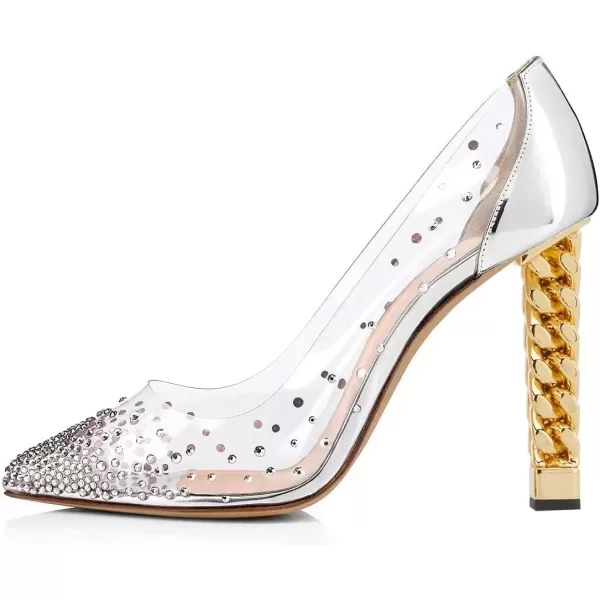 imageFSJ Women Golden Block High Heel Clear Pump Pointed Toe Slip On Fashion Dress Party Evening Ladies ShoesWhite