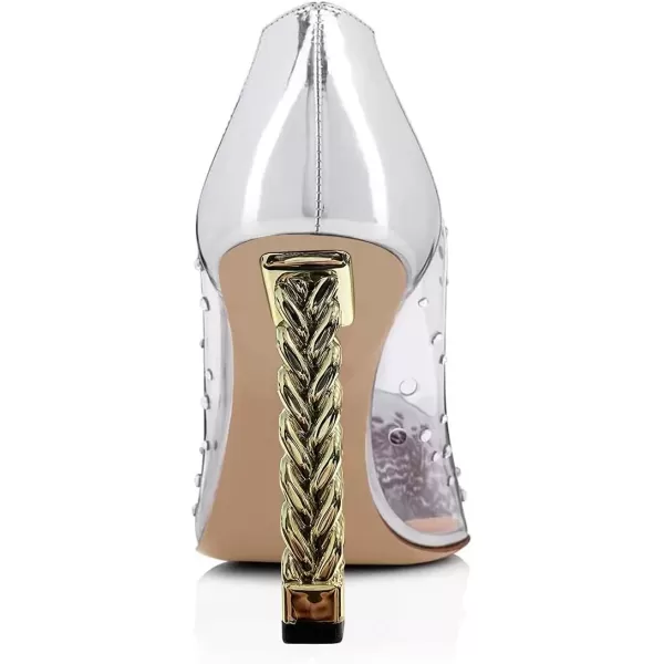 imageFSJ Women Golden Block High Heel Clear Pump Pointed Toe Slip On Fashion Dress Party Evening Ladies ShoesWhite