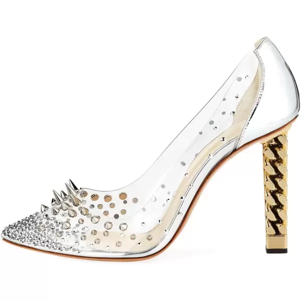 imageFSJ Women Golden Block High Heel Clear Pump Pointed Toe Slip On Fashion Dress Party Evening Ladies ShoesWhite Rivets