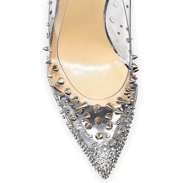 imageFSJ Women Golden Block High Heel Clear Pump Pointed Toe Slip On Fashion Dress Party Evening Ladies ShoesWhite Rivets