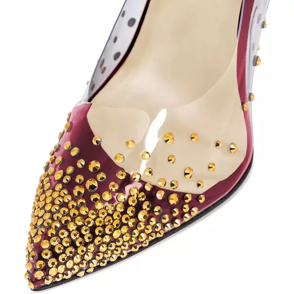 imageFSJ Women Golden Block High Heel Clear Pump Pointed Toe Slip On Fashion Dress Party Evening Ladies ShoesWine