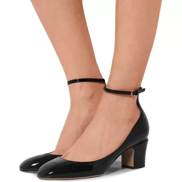 imageFSJ Women Retro Ankle Strap Mid Heels Dress Pump Almond Toe Patent Leather Shoes Size 415 USBlack Patent