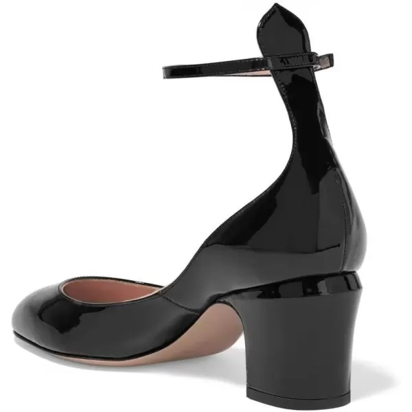 imageFSJ Women Retro Ankle Strap Mid Heels Dress Pump Almond Toe Patent Leather Shoes Size 415 USBlack Patent
