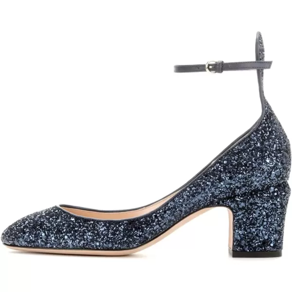 imageFSJ Women Retro Ankle Strap Mid Heels Dress Pump Almond Toe Patent Leather Shoes Size 415 USBlue