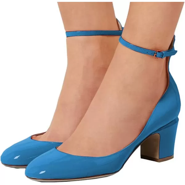 imageFSJ Women Retro Ankle Strap Mid Heels Dress Pump Almond Toe Patent Leather Shoes Size 415 USBluepatent