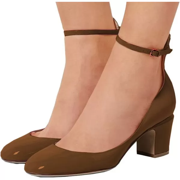 imageFSJ Women Retro Ankle Strap Mid Heels Dress Pump Almond Toe Patent Leather Shoes Size 415 USBrown