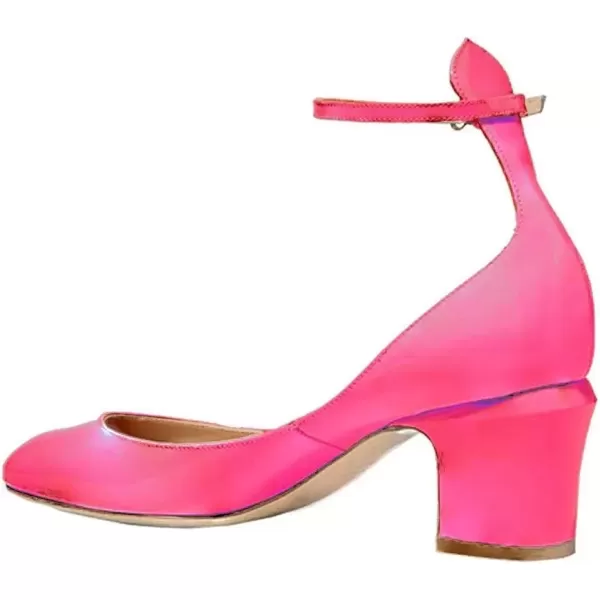 imageFSJ Women Retro Ankle Strap Mid Heels Dress Pump Almond Toe Patent Leather Shoes Size 415 USPink